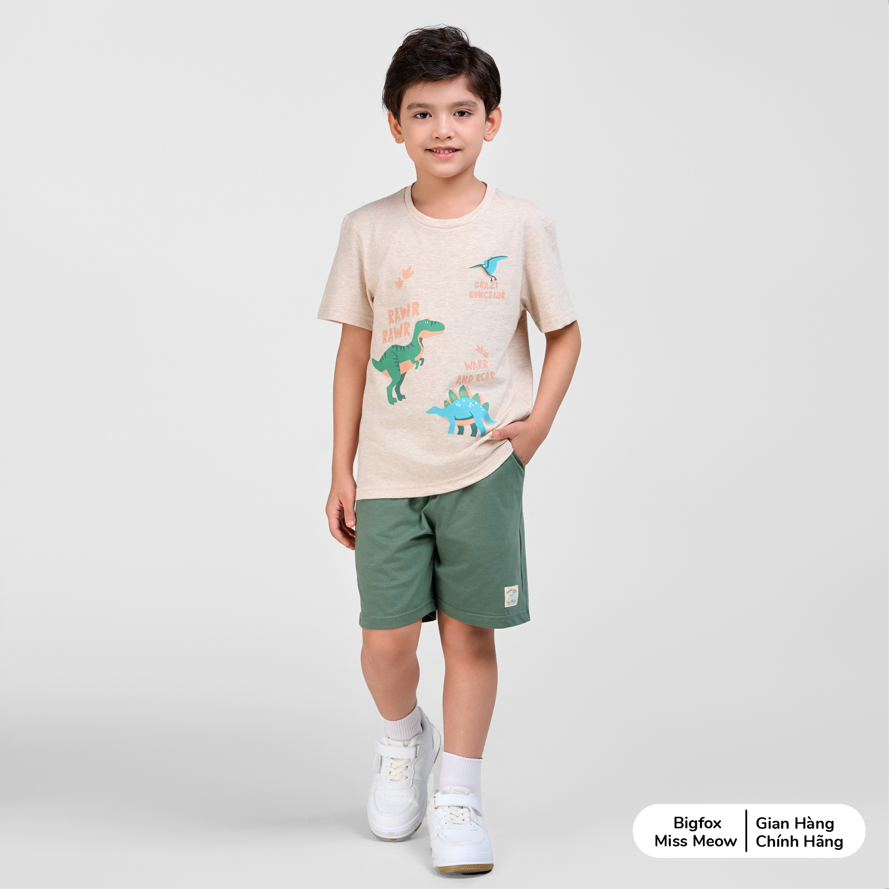 Bộ cộc tay bé trai mùa hè Bigfox Miss Meow vải cotton in khủng long size đại 3,9,11 tuổi 30kg 40kg