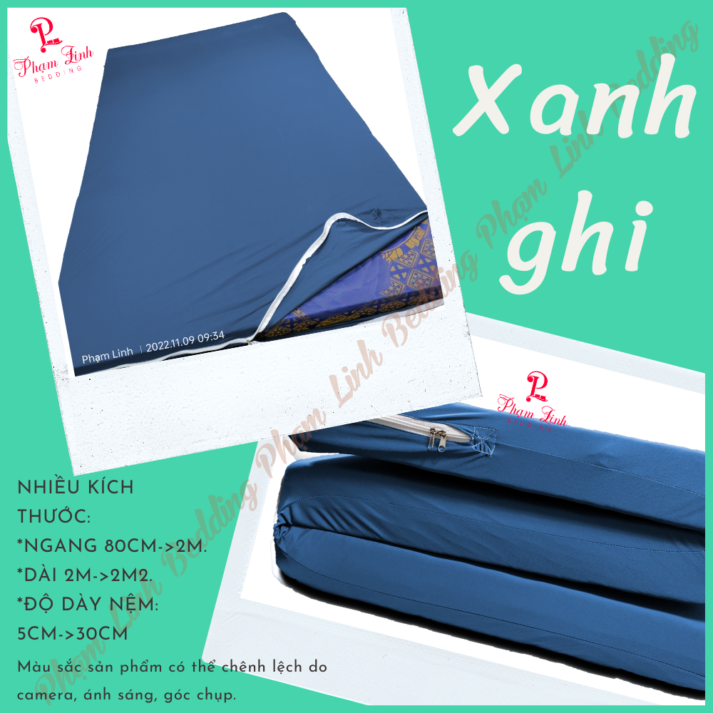 [Xanh ghi] Áo bọc nệm 2 mặt dây kéo vải thun sợi siu (silk) màu trơn Hàn Quốc vỏ bọc bảo vệ nệm nguyên tấm không chia ngăn co dãn