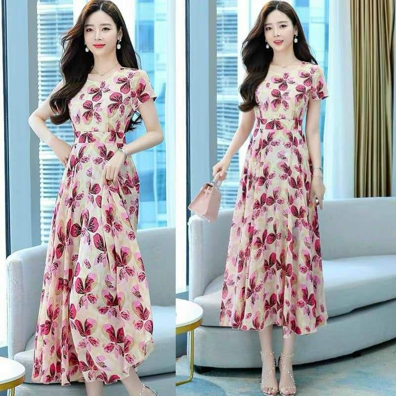 HÀNG NHẬP - ĐẦM MAXI VOAN HOA CỔ TRÒN TAY NGẮN