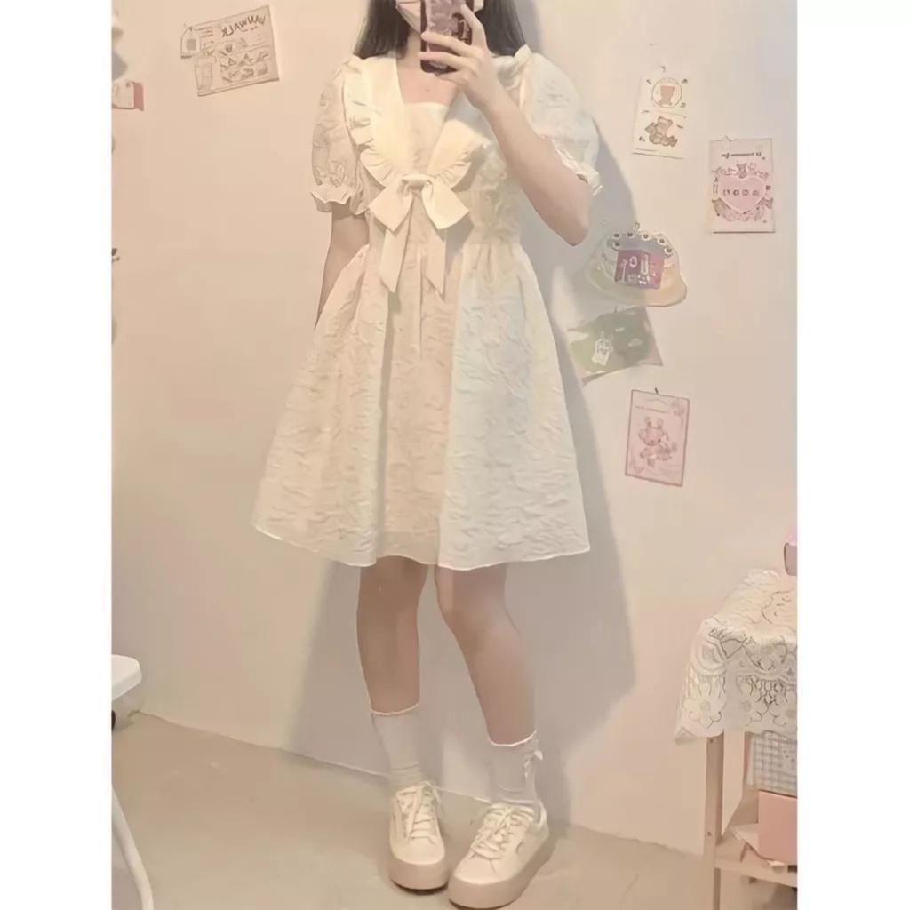 Đầm Nữ Cổ Sen Buộc Nơ Vải Gấm Tay Bèo Dáng Xòe