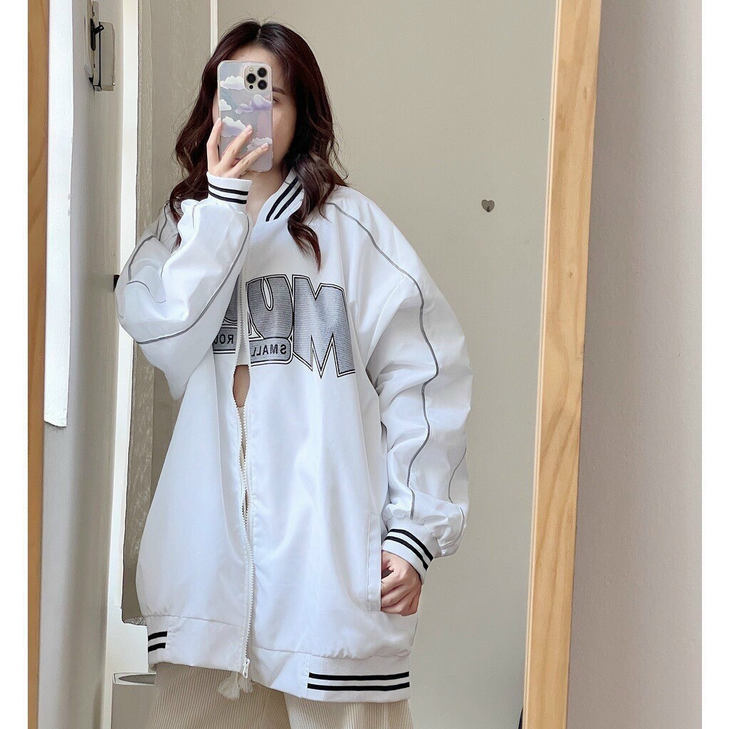 Áo khoác nữ chất dù 2 lớp in chữ phối sọc tay