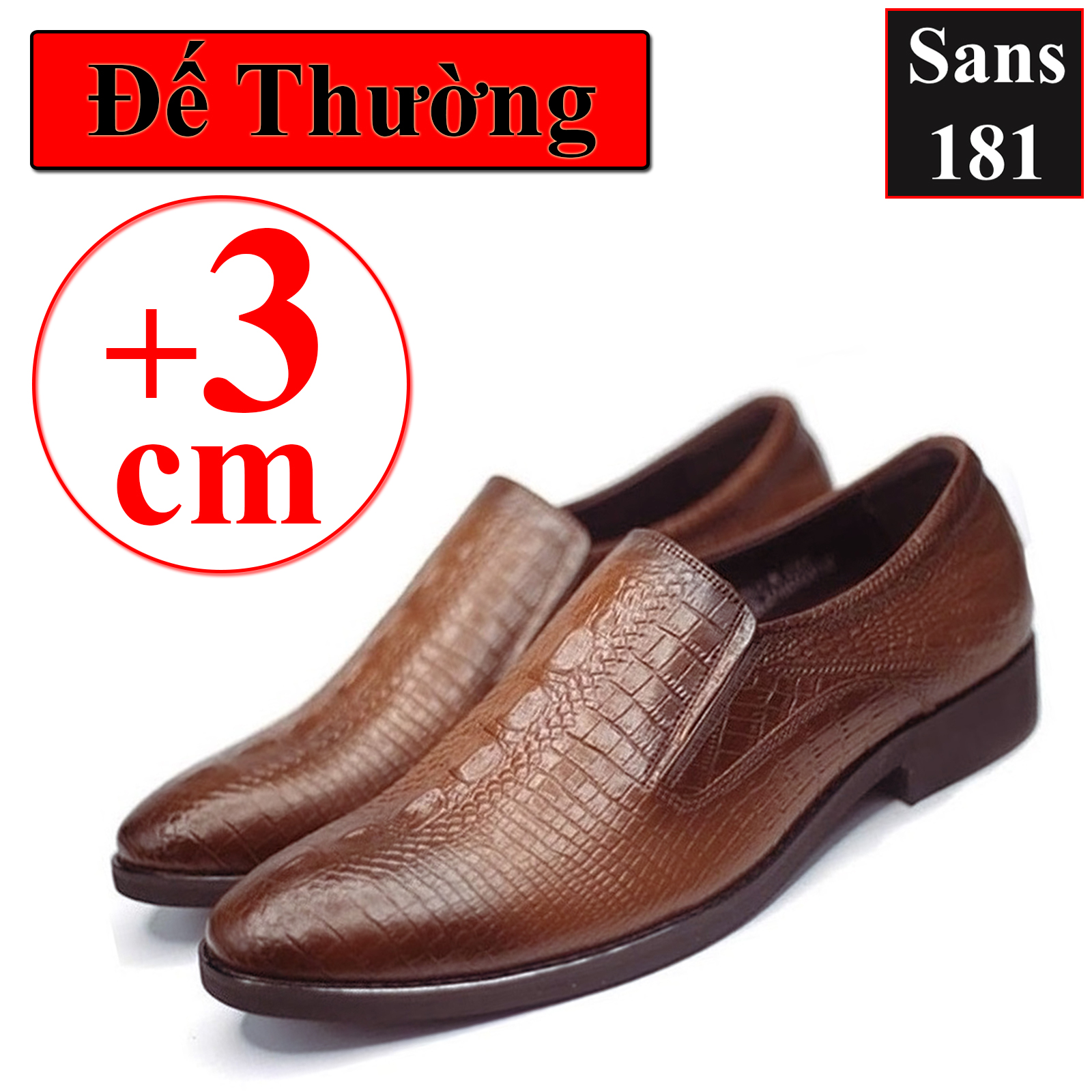 Giày Lười Da Bò Giày Tăng Chiều Cao 6cm Giầy Da Dập Vân Cá Sấu Sans181