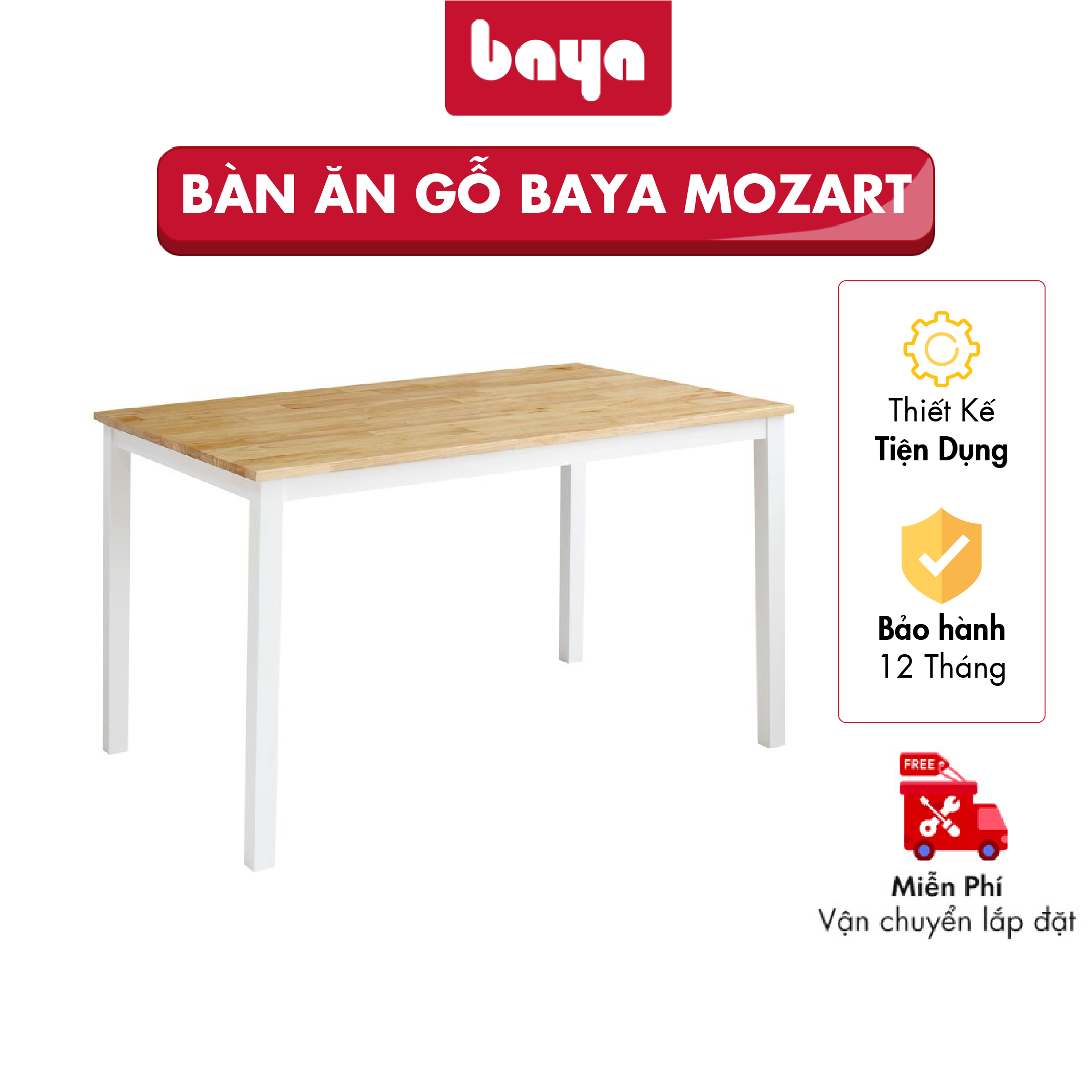 Bàn Ăn Gỗ BAYA Mozart Dining Table Hình Chữ Nhật Mặt Bàn Gỗ Cao Su Dẻo Dai, Chân Bàn Phủ Sơn Trắng Kích Thước 120x75x75