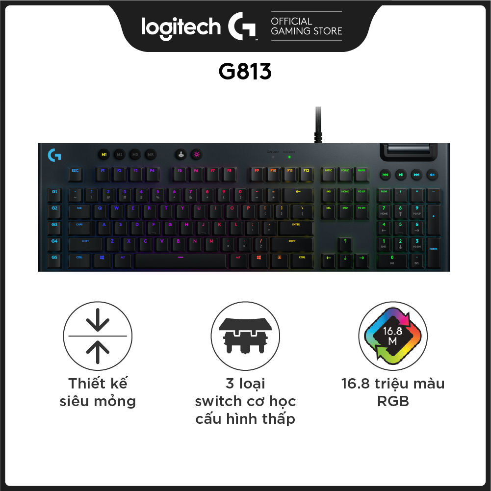 Bàn phím game cơ học RGB Logitech G813 - 3 loại switch cấu hình thấp, cổng USB 2.0, 5 nút lập trình, media chuyên biệt, RGB Lightsync - Hàng Chính Hãng