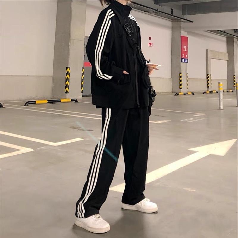 {Hottrend} Bộ Quần Áo Thể Thao 3 Sọc Dáng Rộng Phong Cách Hip Hop Hàn Quốc Thời Trang Thu Đông Cá Tính