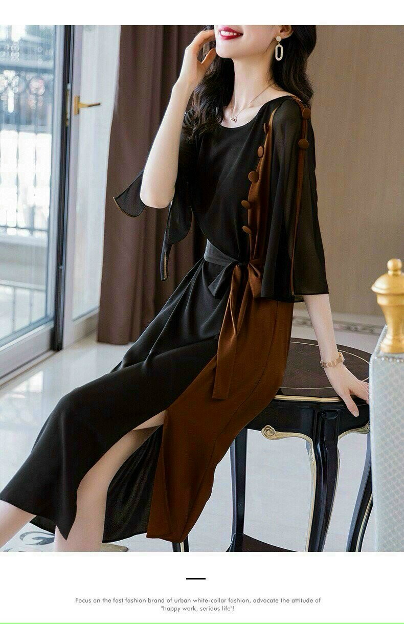 ĐẦM SUÔNG TAY XẺ PHỐI MÀU ĐEN NÂU