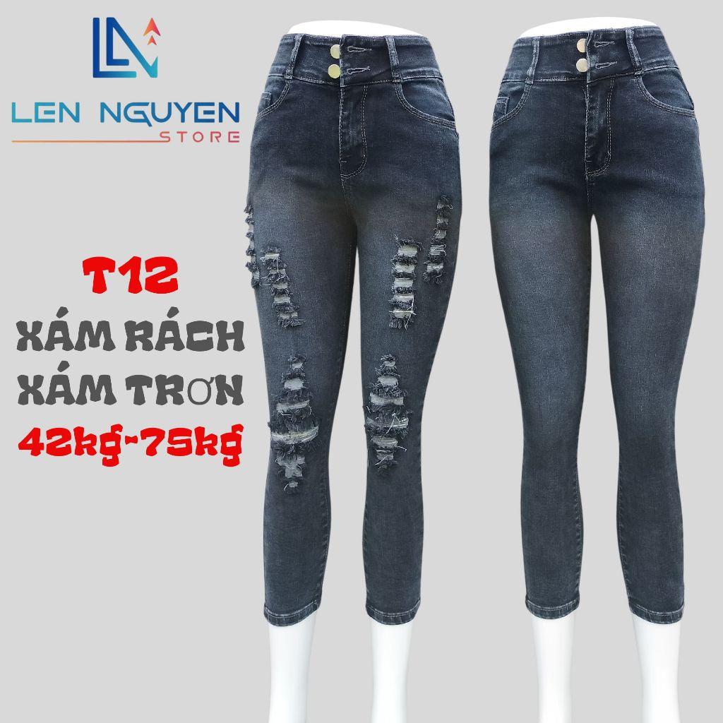 T12_Quần jean nữ, 9 tất, lưng cao, quần bò nữ dáng ôm, quần rin nữ có big size, cho 42kg đến 75kg,LEN NGUYEN STORE - Xanh Nhạt Rách