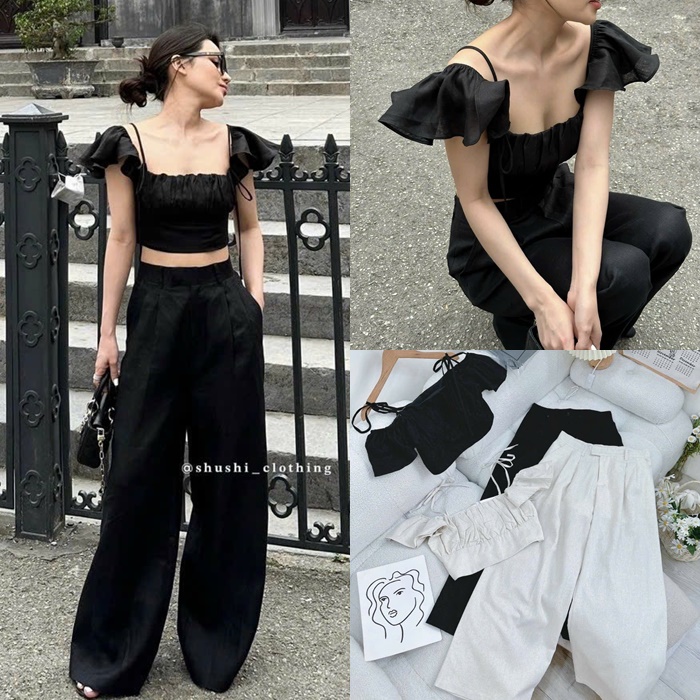 SET QUẦN ỐNG RỘNG LƯNG CAO SUÔNG TRƠN ÁO CROPTOP DÂY CỔ U TAY BÈO TRỄ VAI CÁNH TIÊN NGẮN ĐI CHƠI ĐI BIỂN DẠO PHỐ - ĐEN