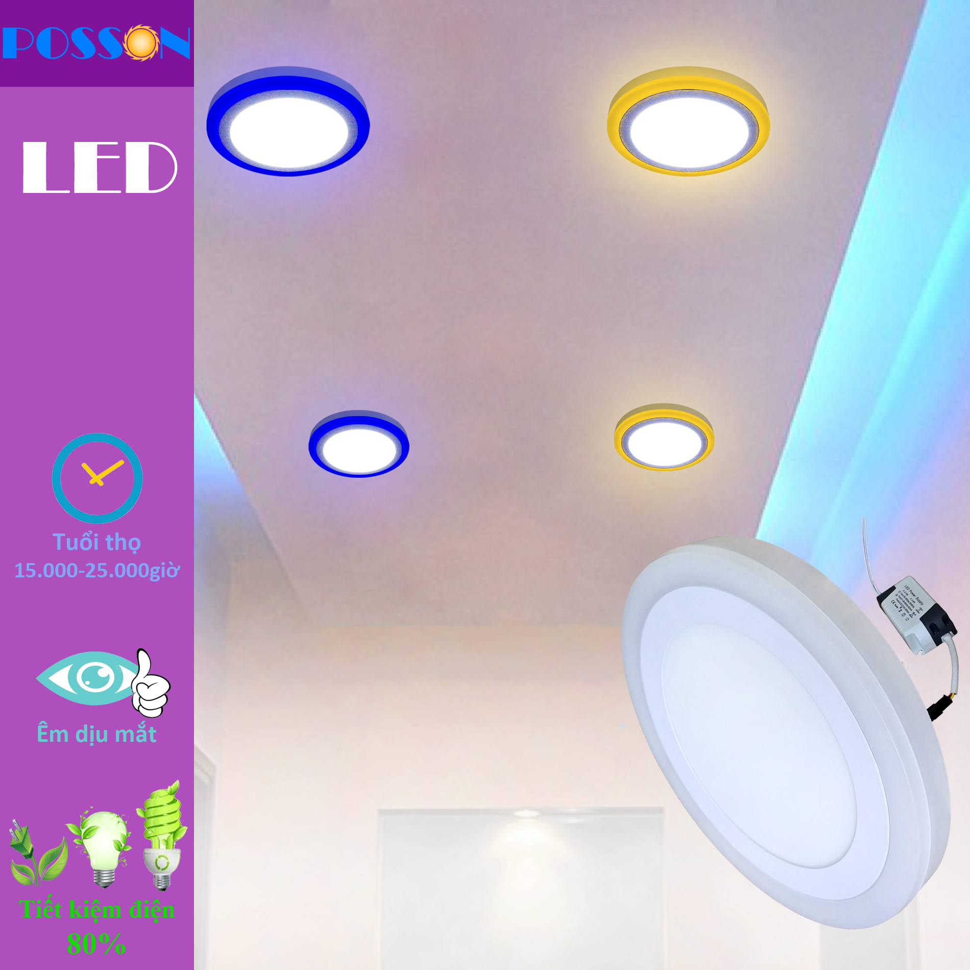 Đèn Led ốp trần 24w ( 18w +6w) tròn nổi 2 màu 3 chế độ sáng trắng+viền sáng màu Posson LP-Ro18-6B-G