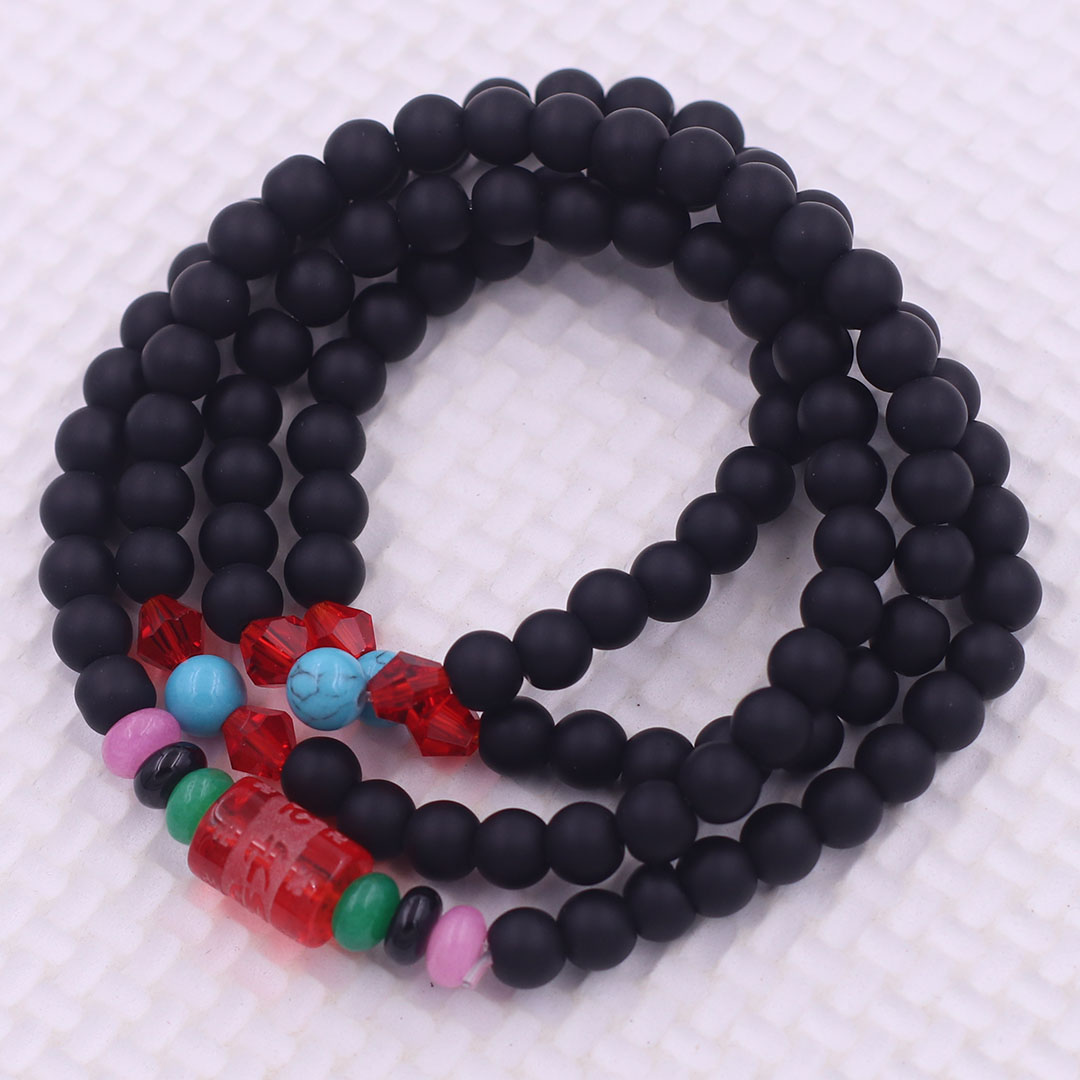 Vòng chuỗi 108 hạt đá thạch anh đen mờ charm lục tự kim ngôn - hạt 8 ly , vòng chuỗi niệm Phật, vòng chuỗi đeo tay