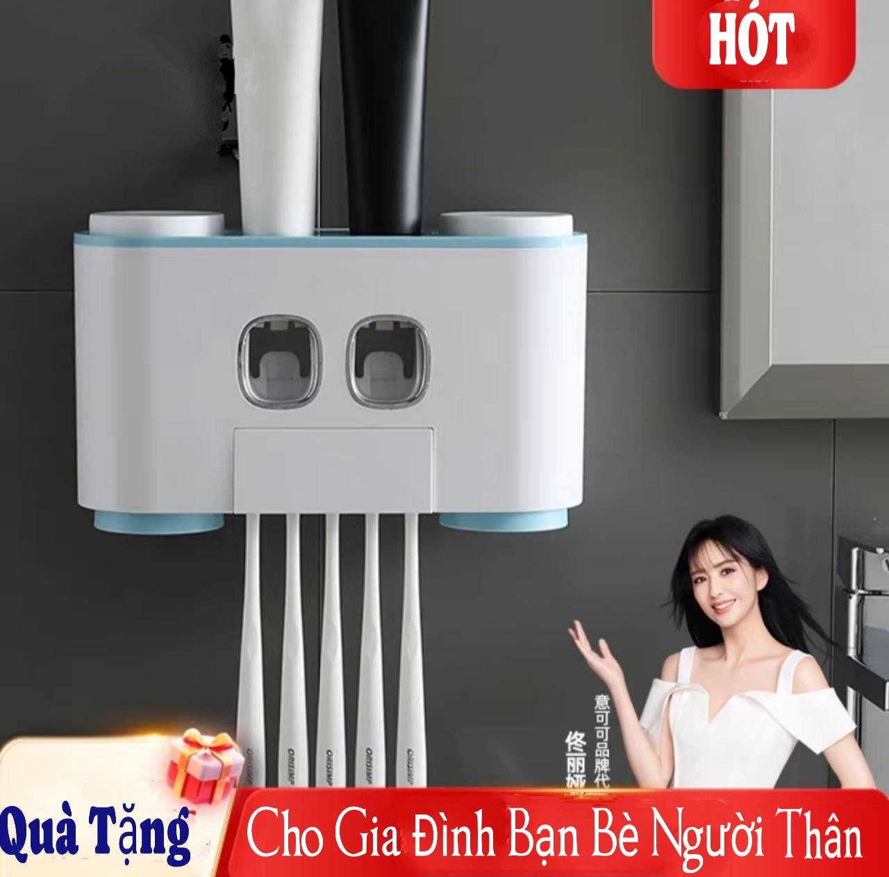 Hộp kệ đựng bàn chải kem đánh răng kèm 4 cốc 2 cửa nhả kem đánh răng thông minh dán tường vô cùng chắc chắn không cần khoan tường hay dùng ốc vít E-1802