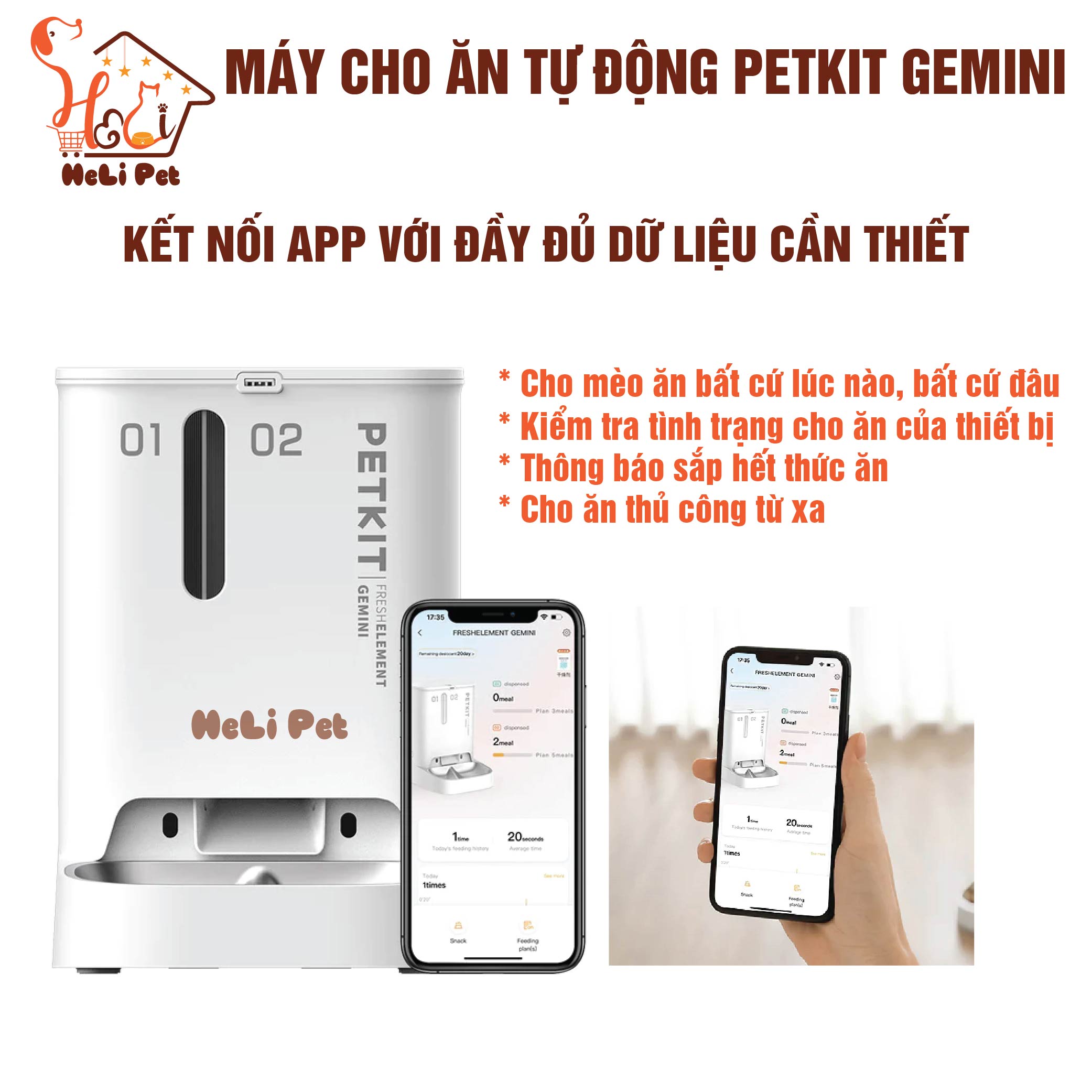 Máy Cho Mèo Ăn Tự Động, Máy Nhả Hạt Hai Ngăn, Máy Cho Chó Ăn Petkit Gemini