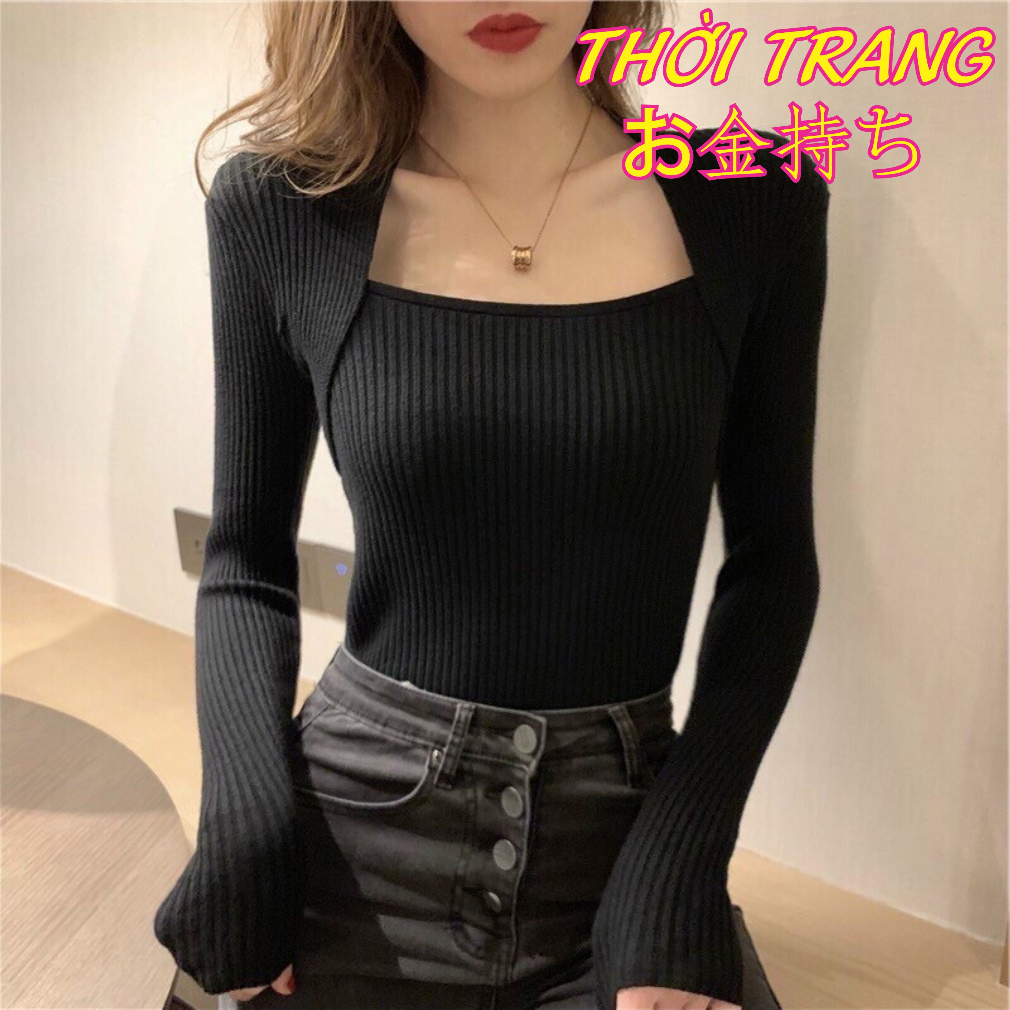 Áo len tăm cổ vuông áo len dệt kim dài tay 504