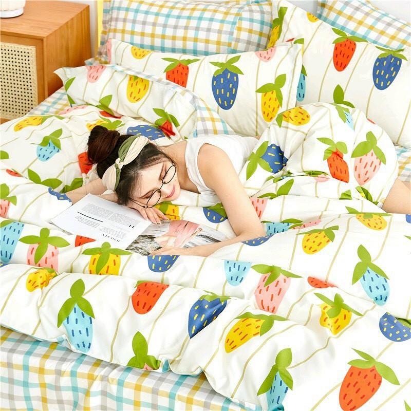 Bộ chăn ga Cotton poly M2T Bedding chăn ga Hàn Quốc họa tiết dâu ngũ sắc đủ size miễn phí bo chun