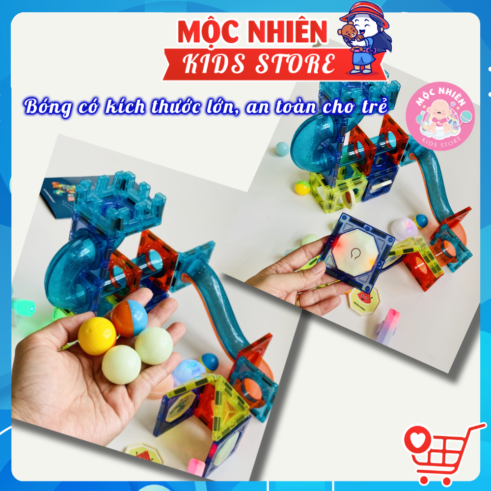 Đồ chơi xếp hình nam châm khối 3D cầu trượt thả bi sáng tạo (75 chi tiết) - Có đèn phát sáng