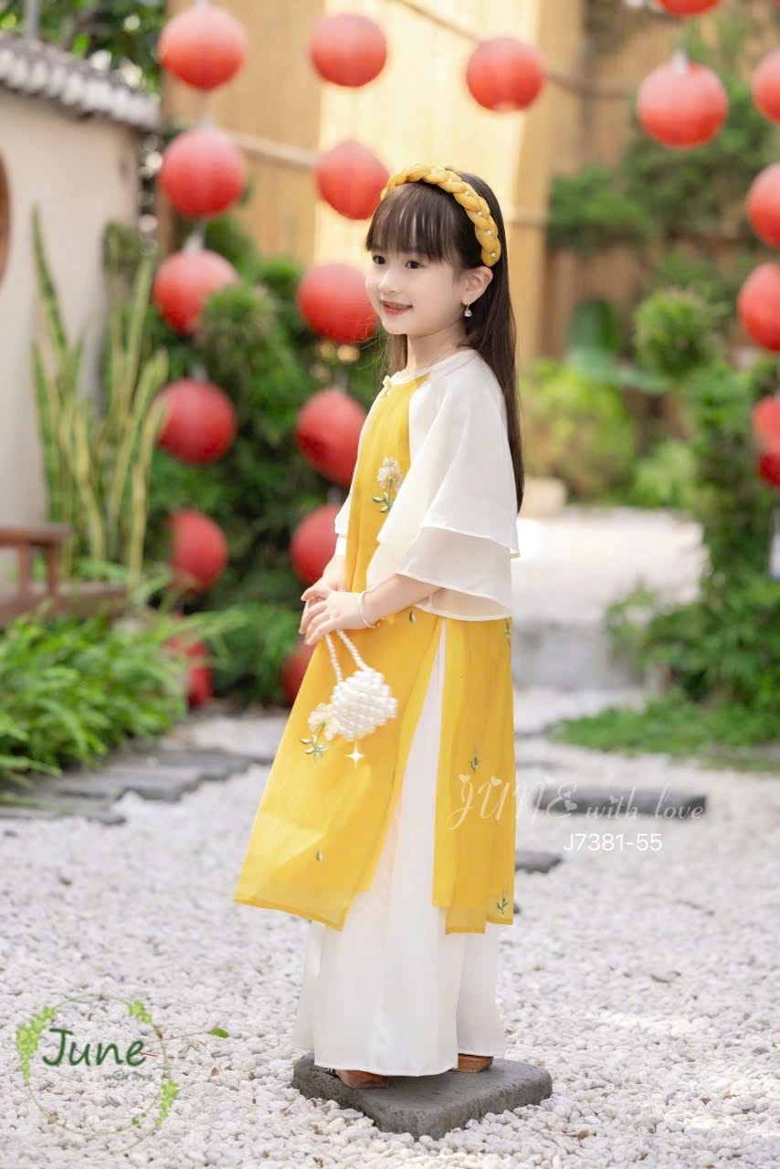 Áo dài tết cho bé gái mẫu Phú quý tay phồng xinh xắn từ 10-40kg hàng thiết kế cao cấp (kèm cài)