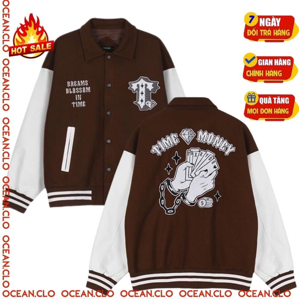 Áo Varsity Jacket Ullzang TIME MONNEY - Áo khoác Cardigan Bomber Unisex phối bo siêu hot - OCEAN.CLO