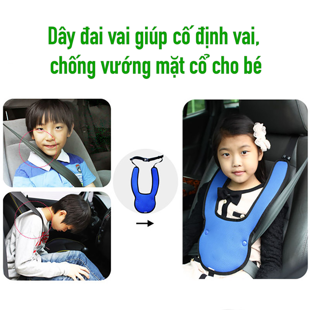 Bộ đai thắt an toàn cột vào ghế cho bé đi ô tô xe hơi chống vướng mặt cổ, gù lưng trẻ em - Hàng chính hãng