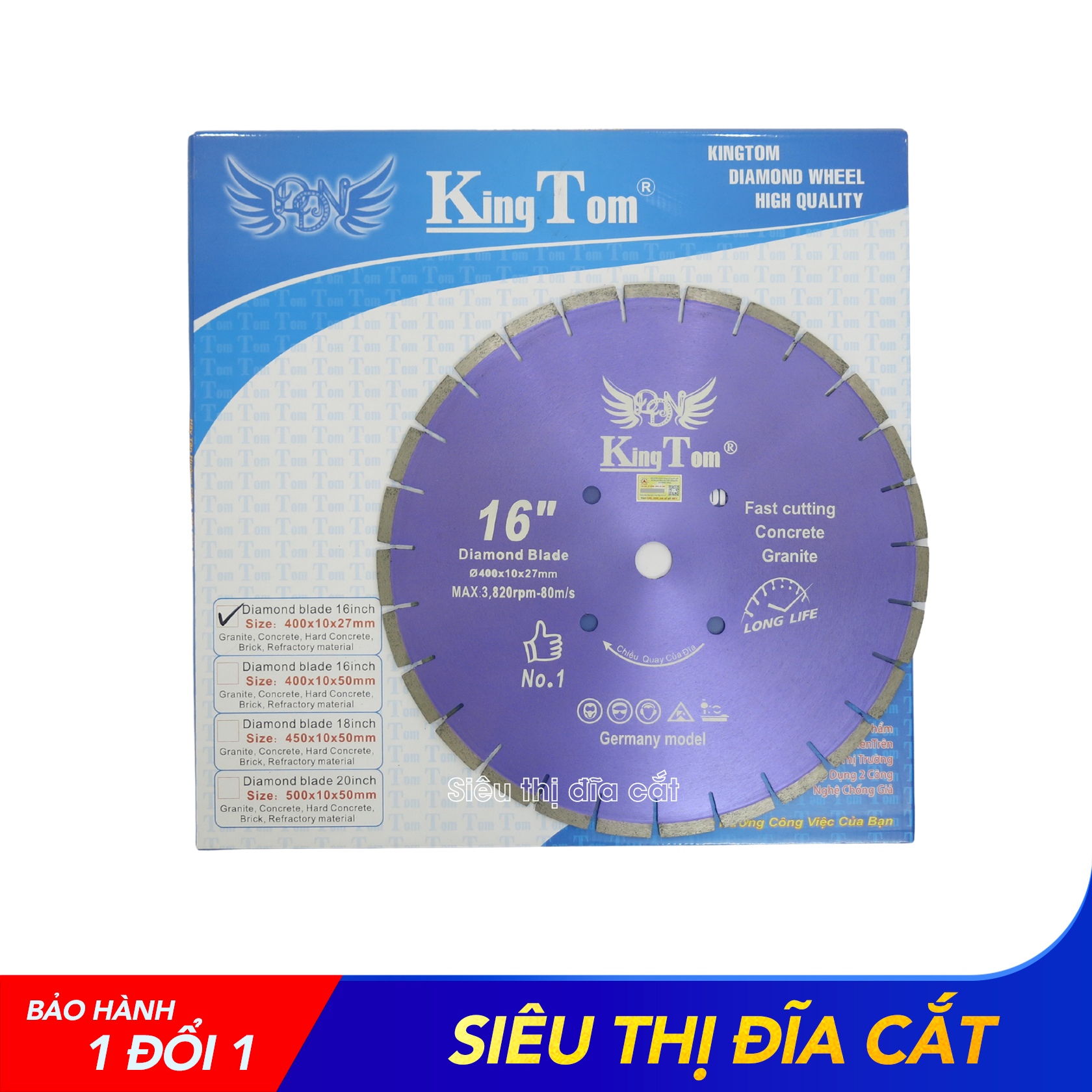 LƯỠI CẮT BÊ TÔNG ĐÁ GRANITE KINGTOM TÍM 400MM KHÔ LỖ 27 - Lưỡi Bén - Siêu Tốt - Sức Công Phá Mạnh