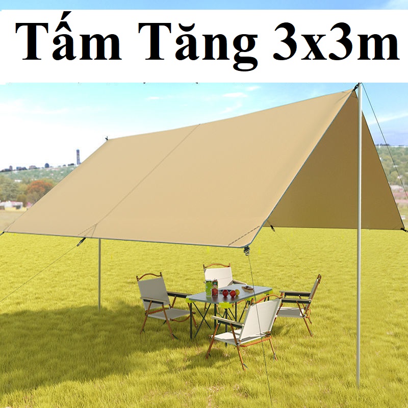 Tấm Tank Bạt Che Lều Tăng Lều Che Nắng Bạt Lót Cắm Trại Dày Kích Thước 3mx3m Có Combo Cây Chống Kèm Dây Với Túi Đựng