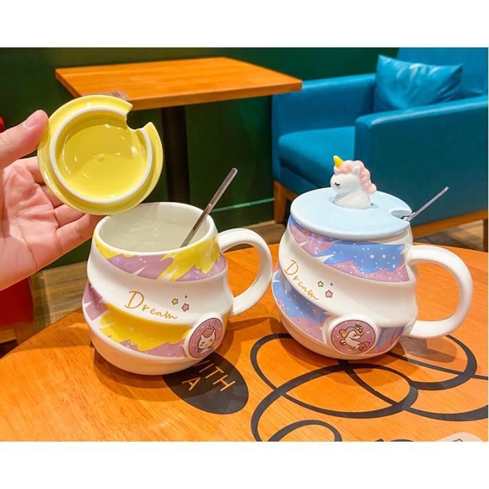 Cốc sứ kỳ lân, thỏ xoáy cầu vồng có nắp thìa - Cốc uống nước họa tiết unicorn dễ thương - quà tặng văn phòng