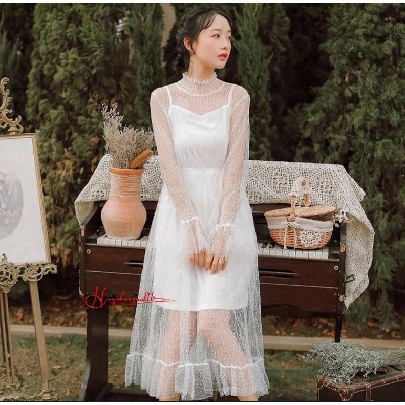 Đầm ren chấm bi cổ trụ chụp kỉ yếu
