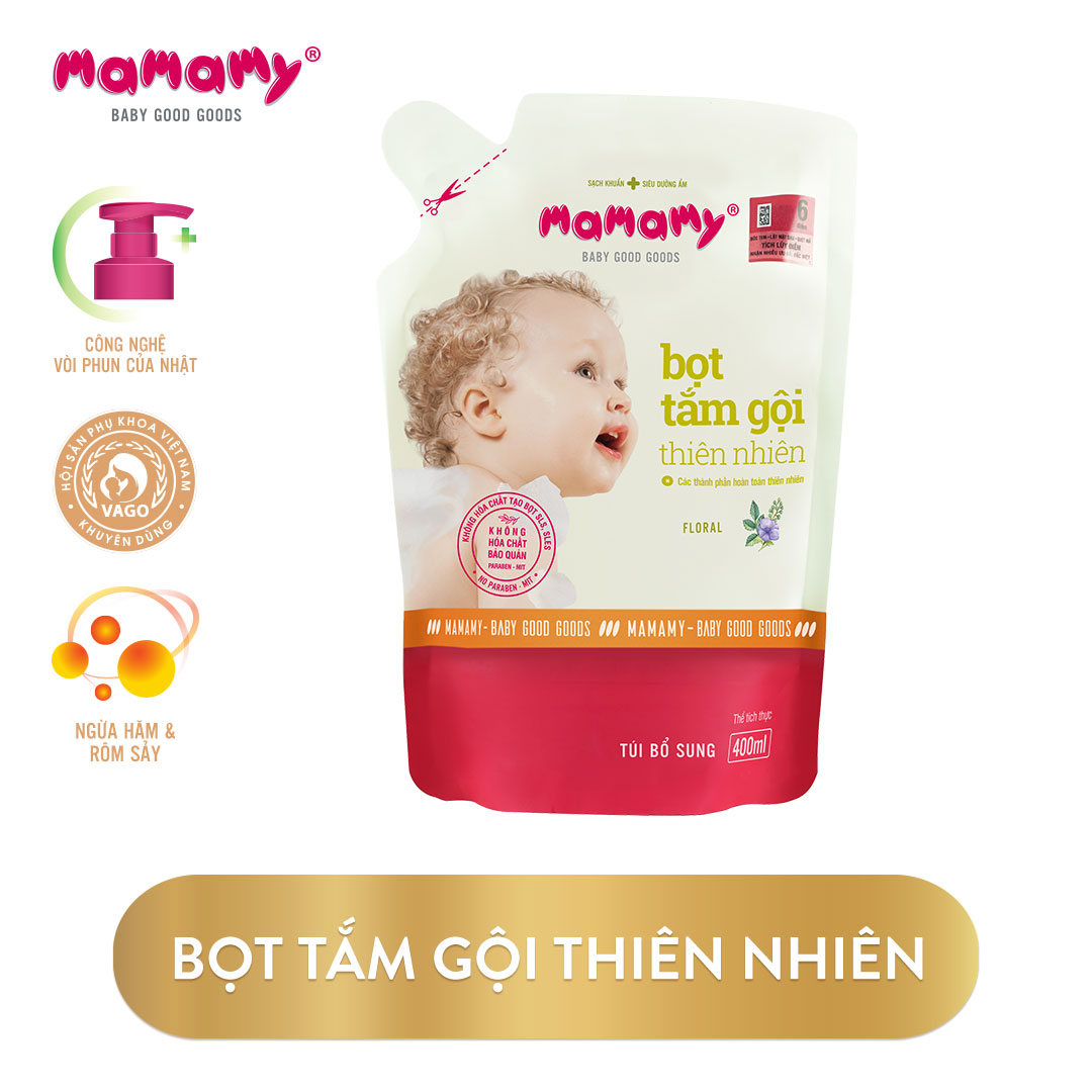 Túi bổ sung sữa tắm gội dạng bọt thiên nhiên Mamamy 400ml hương Floral, an toàn cho trẻ sơ sinh