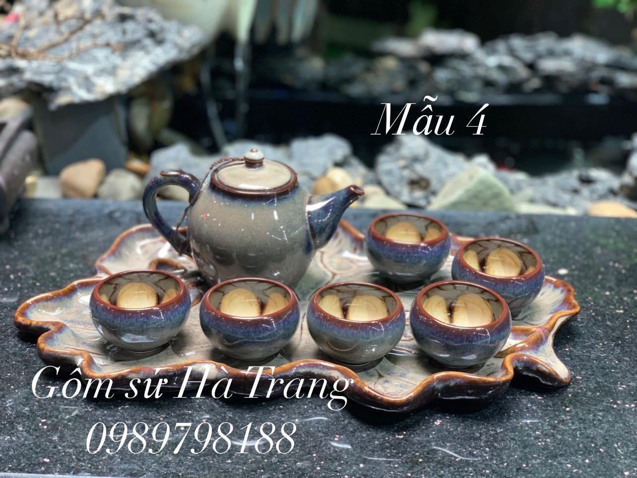 Bộ trà bộ ấm chén gốm sứ Bát Tràng cao cấp men hoả biến dung tích 400ml kèm khay sứ