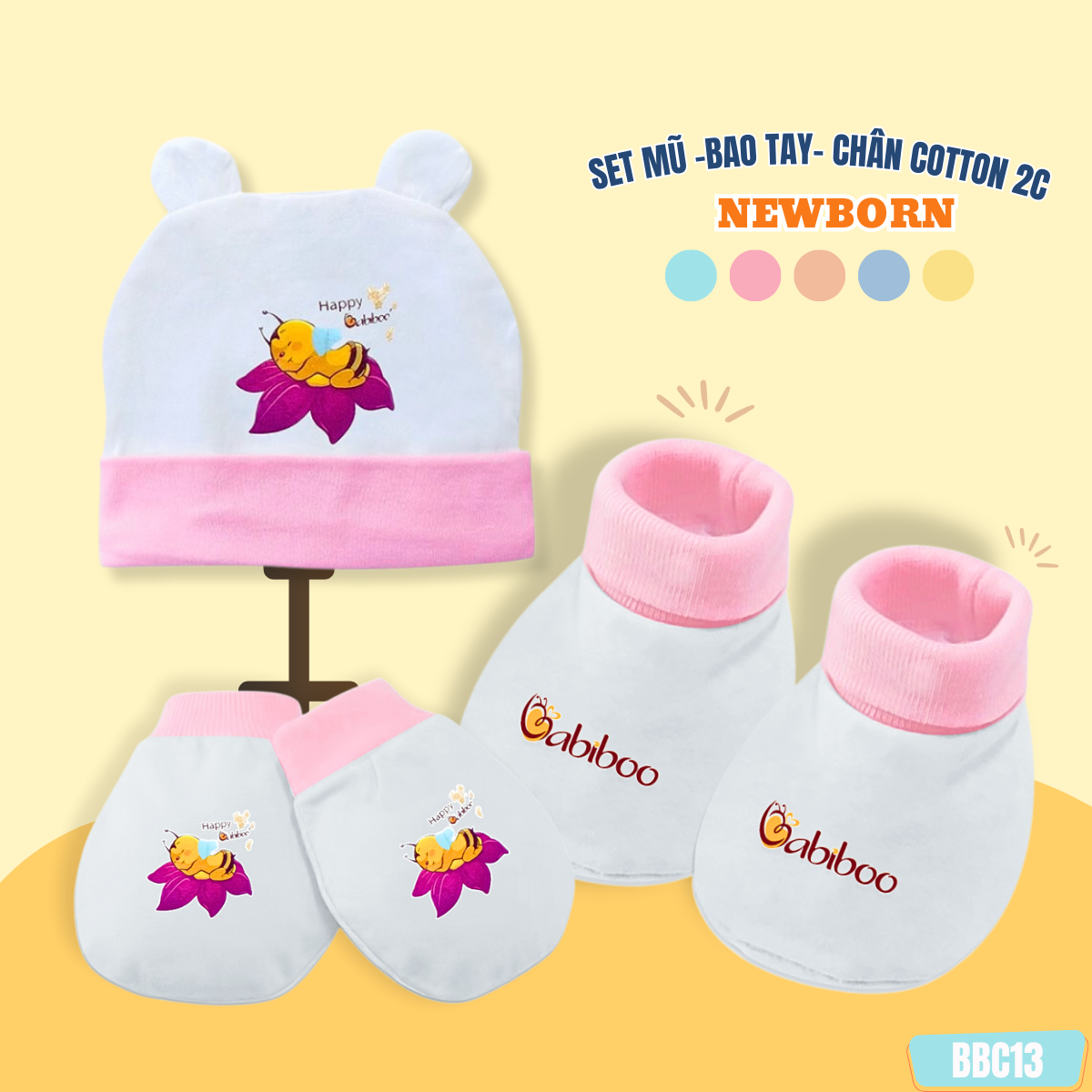 Set nón- bao tay - bao chân cho bé sơ sinh vải cotton mềm mại, trắng viền màu an toàn cho da BBC13