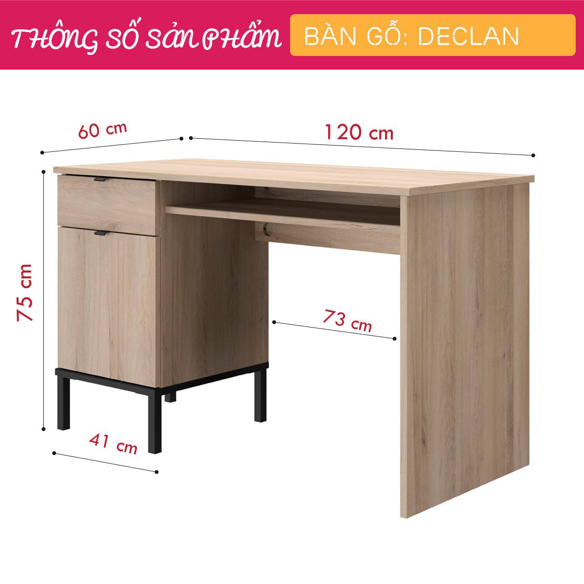 Bàn làm việc, bàn học gỗ hiện đại SMLIFE Declan | Gỗ MDF dày 17mm chống ẩm | D120xR60xC75cm