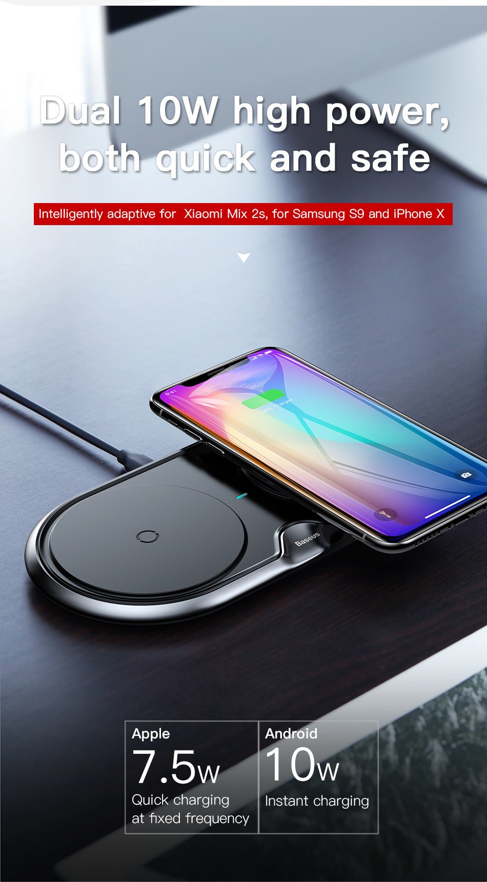 Đế sạc nhanh không dây Baseus Dual Wireless Charger LV292 (10W,Qi Wireless Quick Charger) - Hàng Chính Hãng