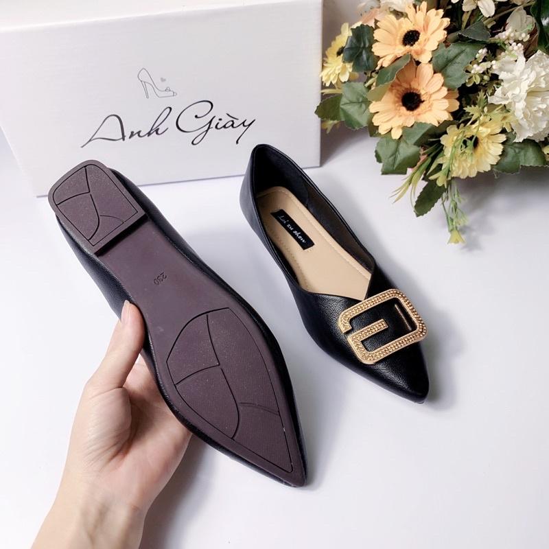 GB62 - Giày bệt nữ đế bằng, giày búp bê da lì mũi nhọn nơ khoá chữ G đế cao su dẻo phù hợp đi làm, đi chơi, đi học