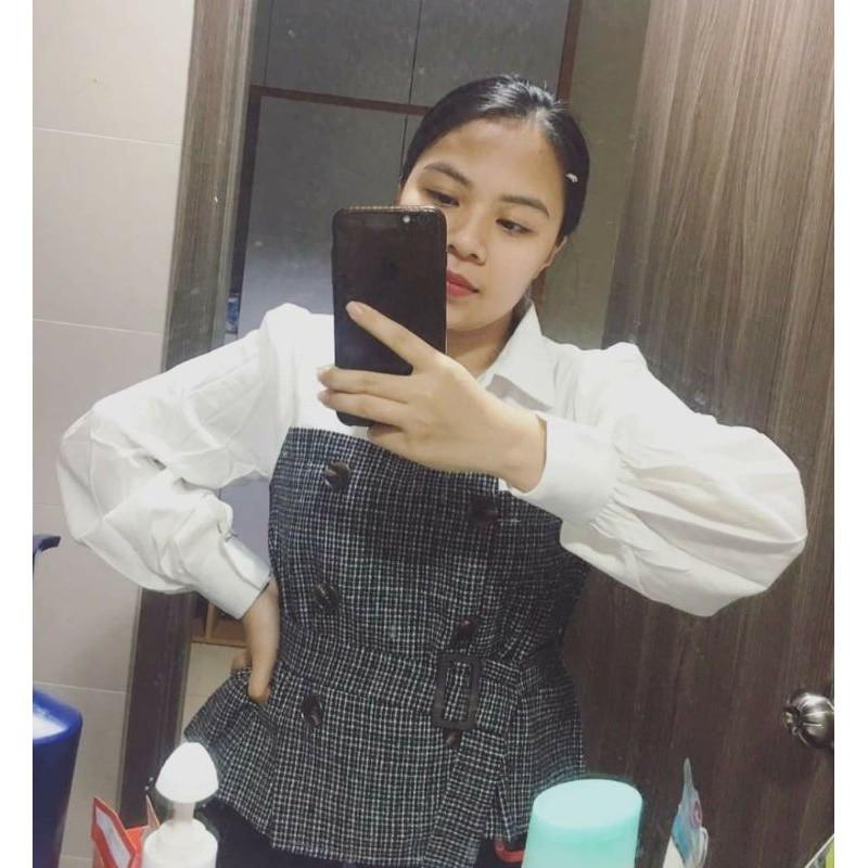 Áo sơ mi thắt eo phối kẻ chất đẹp (có ảnh thật)