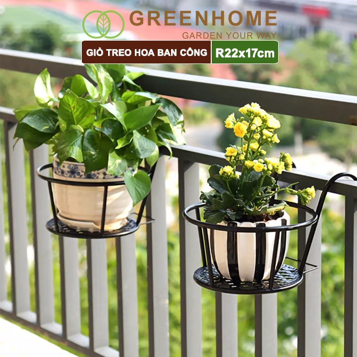 Giỏ treo hoa ban công, D22xC18cm, chất liệu sắt sơn tĩnh điện, phù hợp với mọi lan can |Greenhome