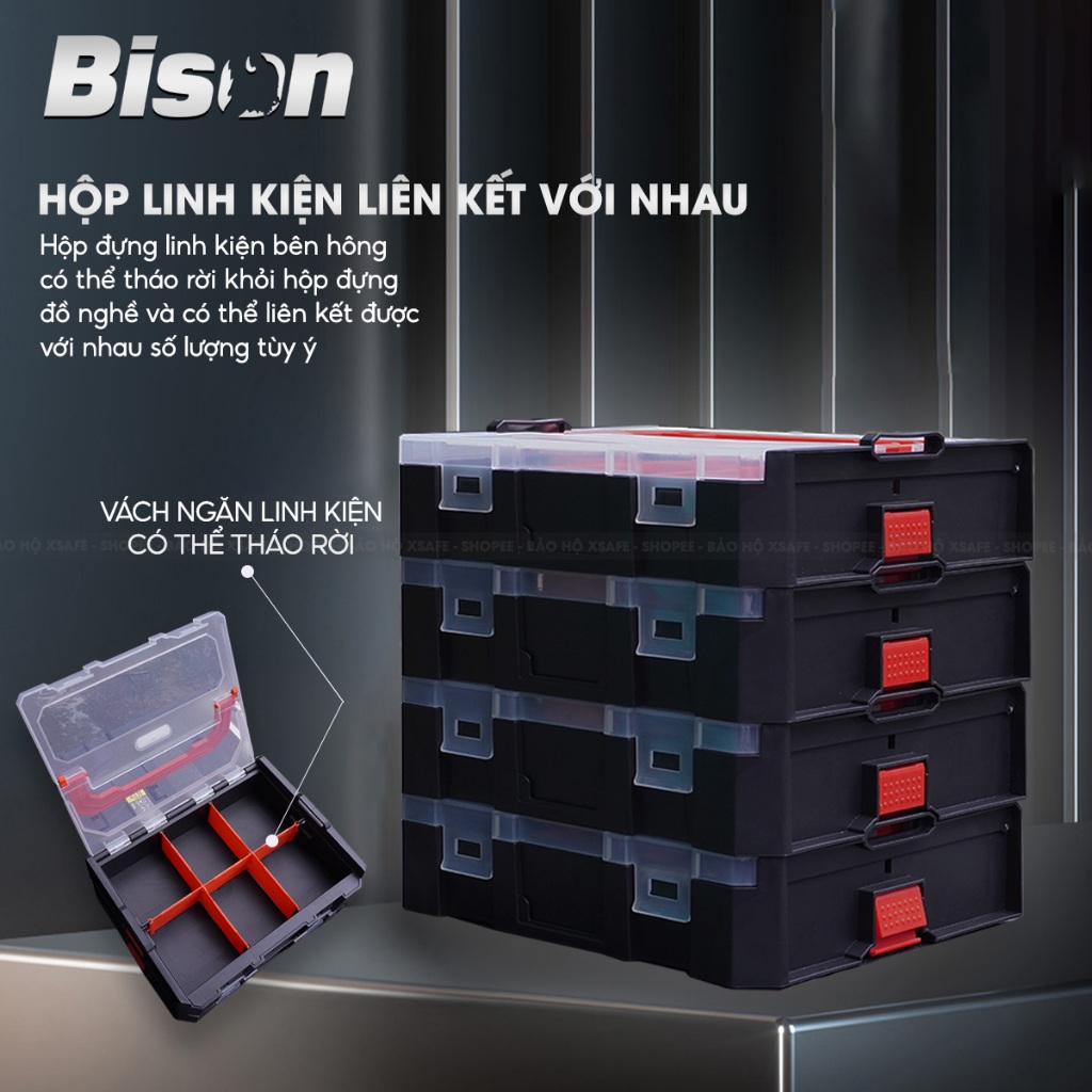 Hộp đựng đồ nghề 3IN1 Bison kích thước 21inch, nhựa PP nguyên sinh chống va đập, 2 hộp nhỏ đựng linh kiện bên hông