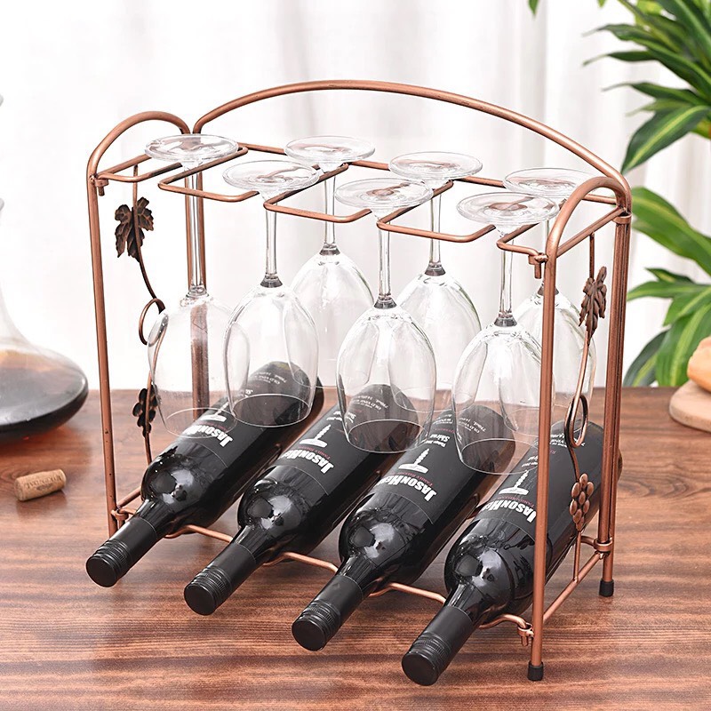 Kệ Để 4 Chai Và 8 Ly Vang Màu Nâu Đồng NT005S