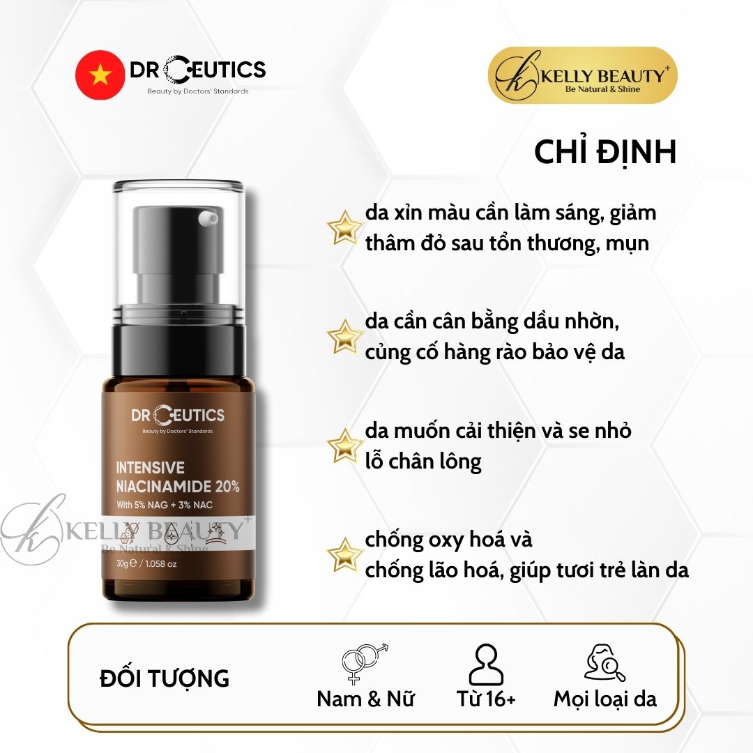 Serum Vitamin B3 20% DrCeutics - Làm Sáng Da, Mờ Thâm Sạm &amp; Se Lỗ Chân Lông - Niacinamide 20% + NAG 5% + NAC 3