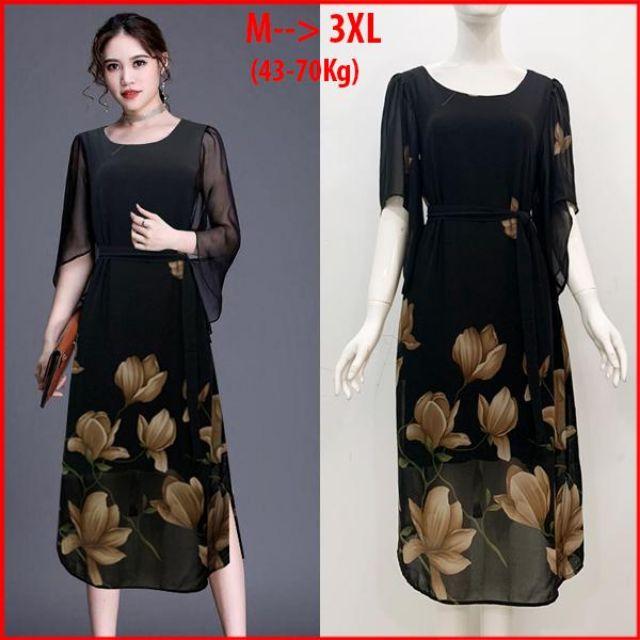 ĐẦM SUÔNG TAY CÁNH TIÊN IN HOA NÂU CỘT EO