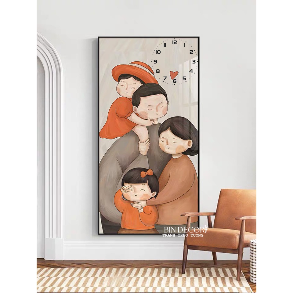 Tranh đồng hồ treo tường tráng gương gia đình yêu thương tráng trí phòng khách, phòng ngủ, khách sạn