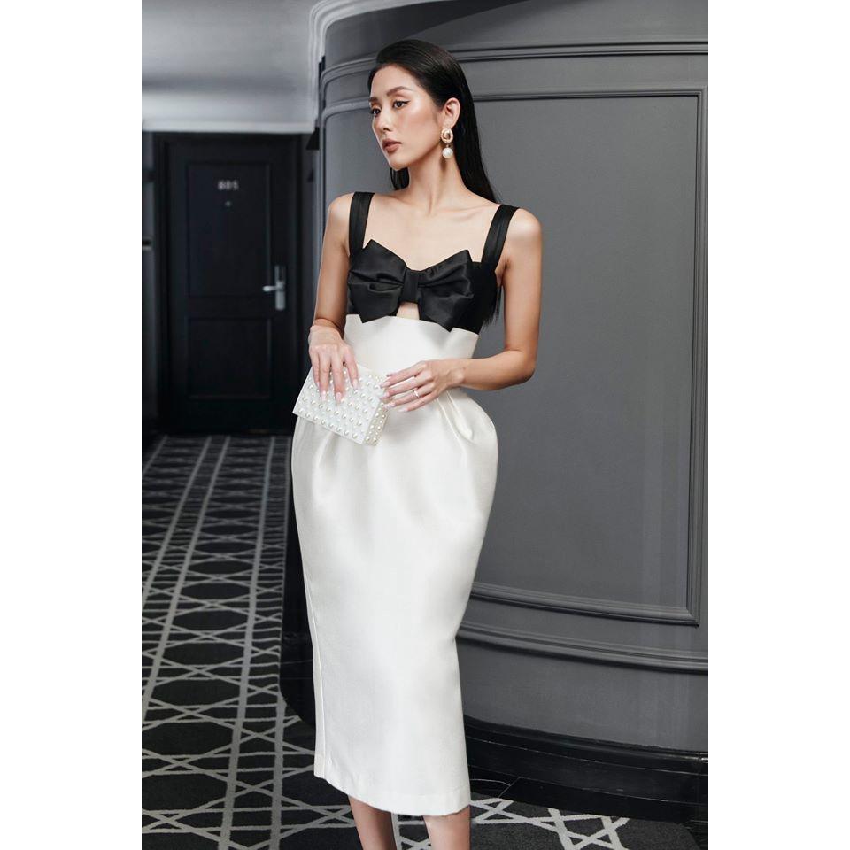 Đầm váy thiết kế tafta đứng form hai dây đính nơ khoét ngực trắng đen đi biển dự tiệc dạo phố bigsize gợi cảm sexy