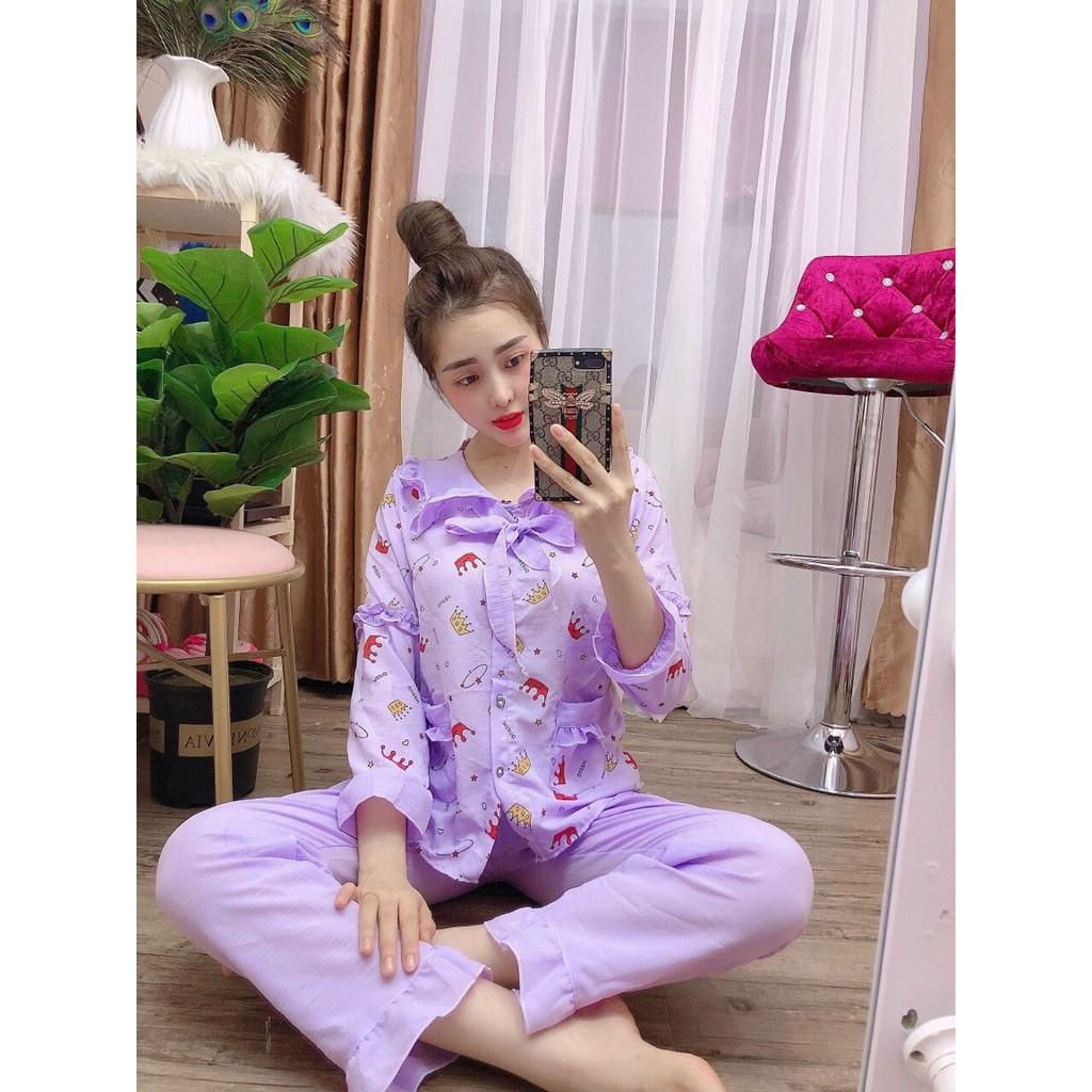 Bộ pijama đũi xốp tiểu thư cổ bèo, quần dài tay dài, 40 đến 59kg