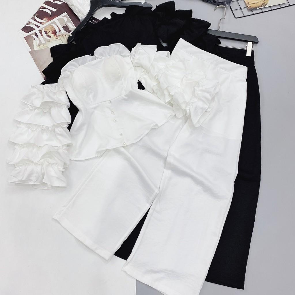 Set Đồ Nữ Thiết Kế áo trễ vai bèo tầng mix quần suông phong cách sang chảnh - H&amp;N Store