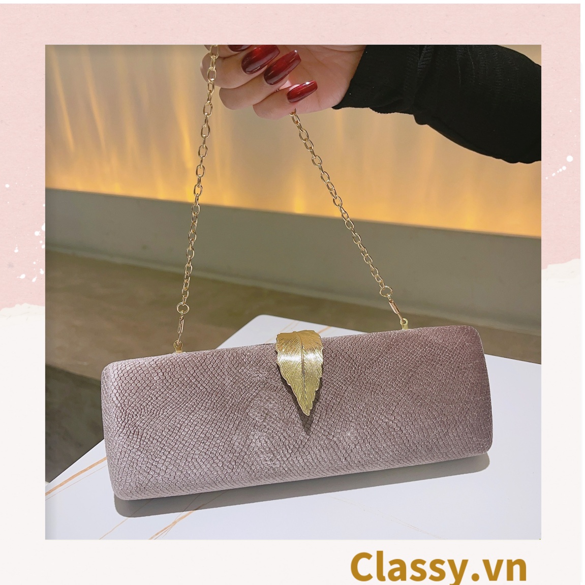Cốp da rắn - Clutch da rắn khóa hình chiếc lá đi tiệc siêu sang Dài 25 X rộng 8 CM, đựng vừa điện thoại, son môi