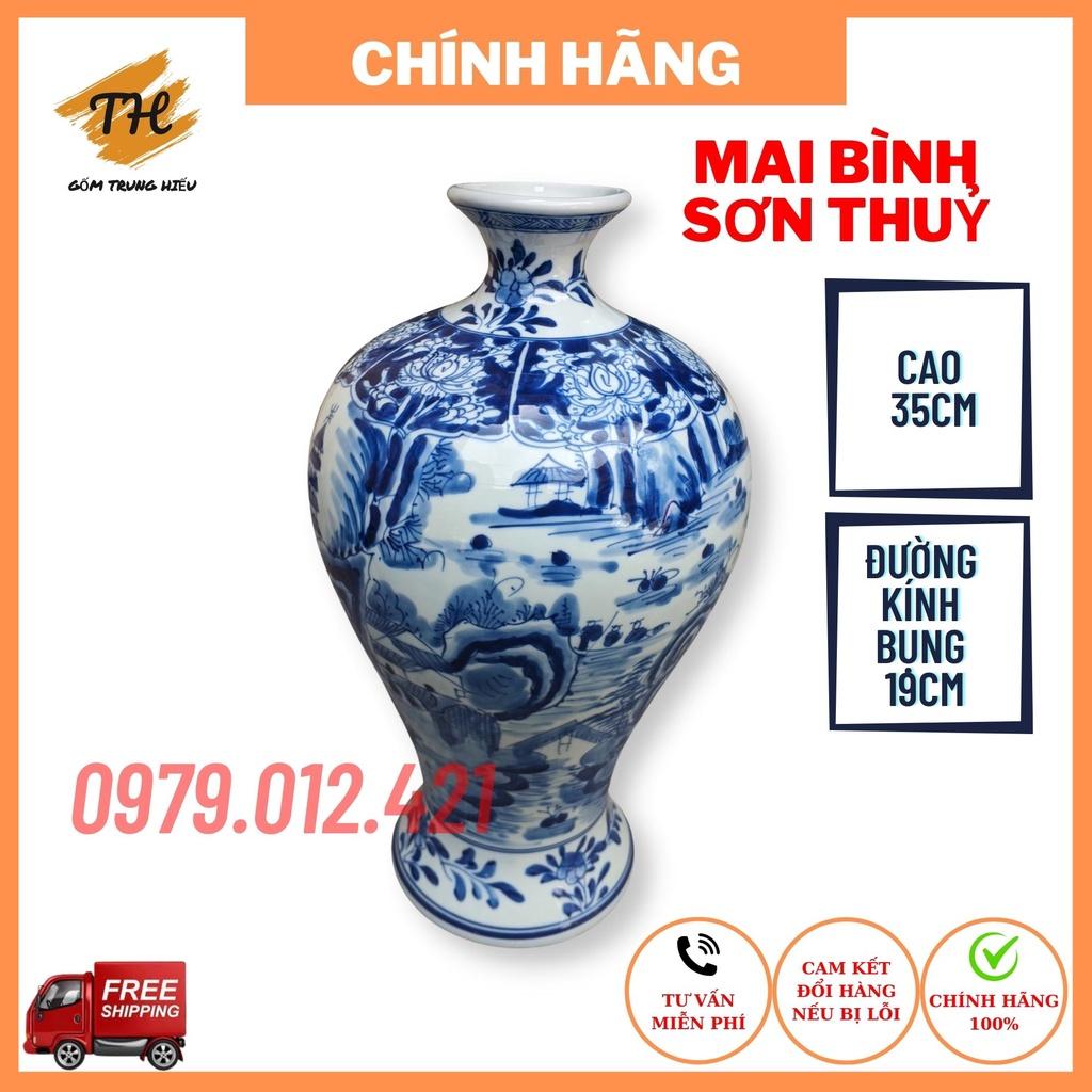 Mai bình hút lộc Bát Tràng họa tiết Sơn Thuỷ vẽ thủ công cao 35cm, đường kính 19cm