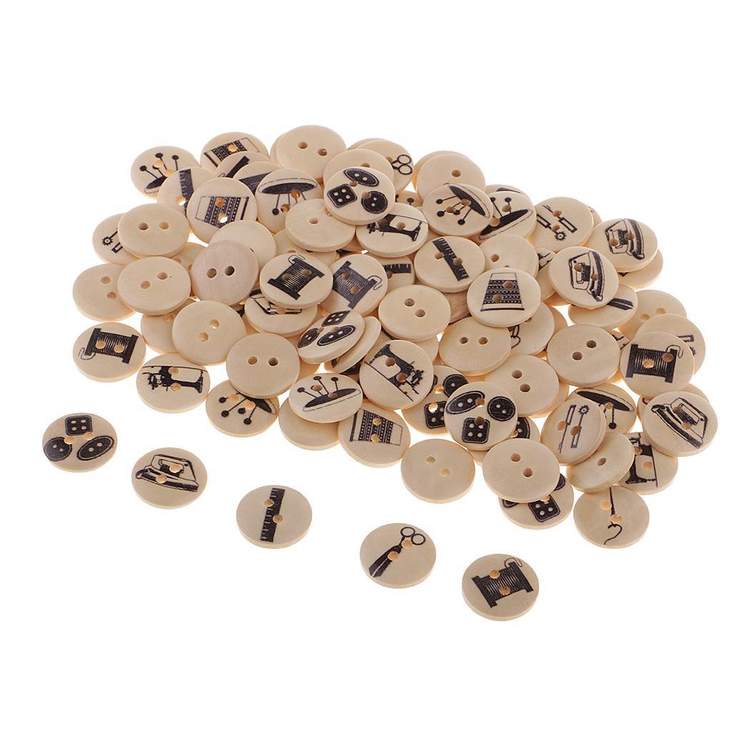 DIY 100Pcs 15mm Round Wood Button 2 Holes Mixed Pattern Sewing Accessories Craft Decoration