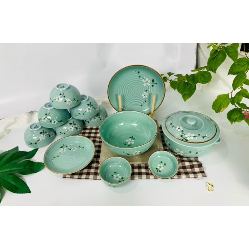 Bộ bát đĩa men ngọc. Gốm sứ Bát Tràng cao cấp.
