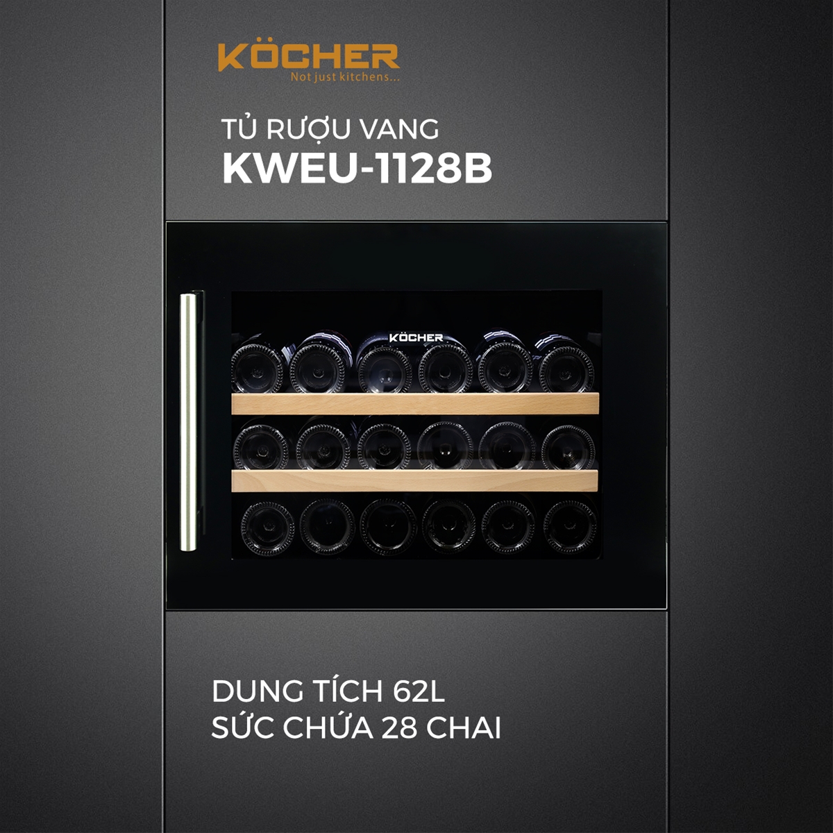 Tủ ướp rượu, tủ bảo quản rượu vang âm tường Kocher KWEU-1128B - Hàng chính hãng sức chứa 28 chai Dung tích 62L