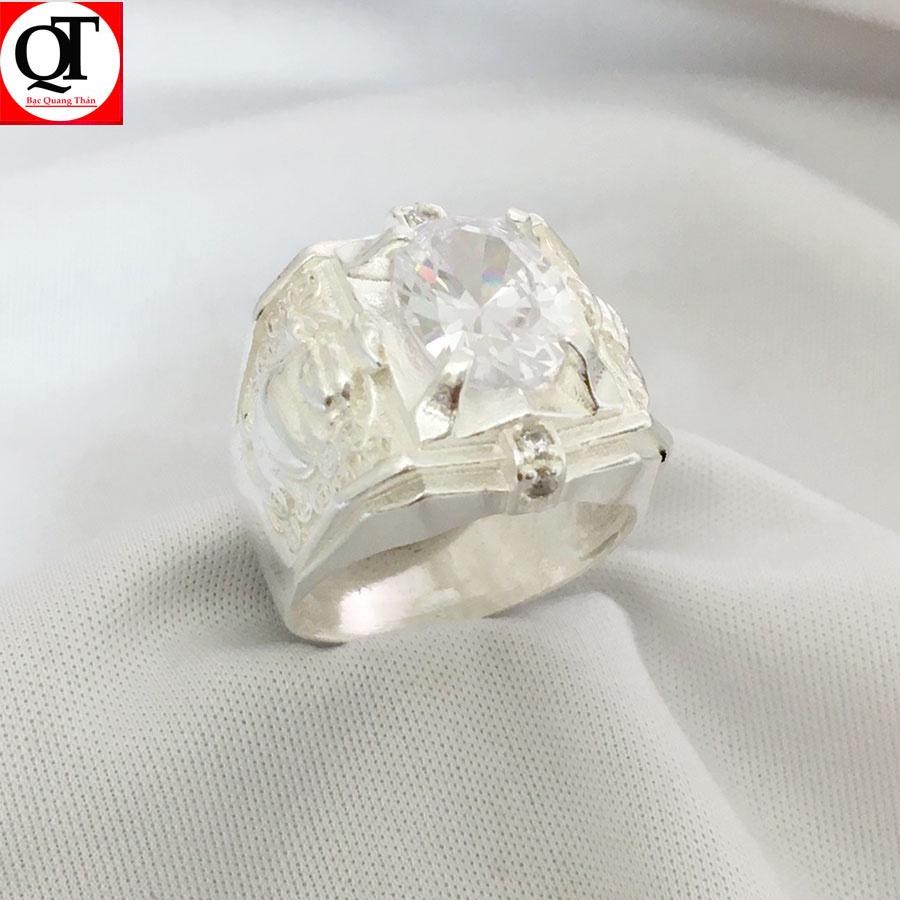Nhẫn nam kim tiền bạc ta mặt đá ovan màu trắng Bạc Quang Thản - QTNA65