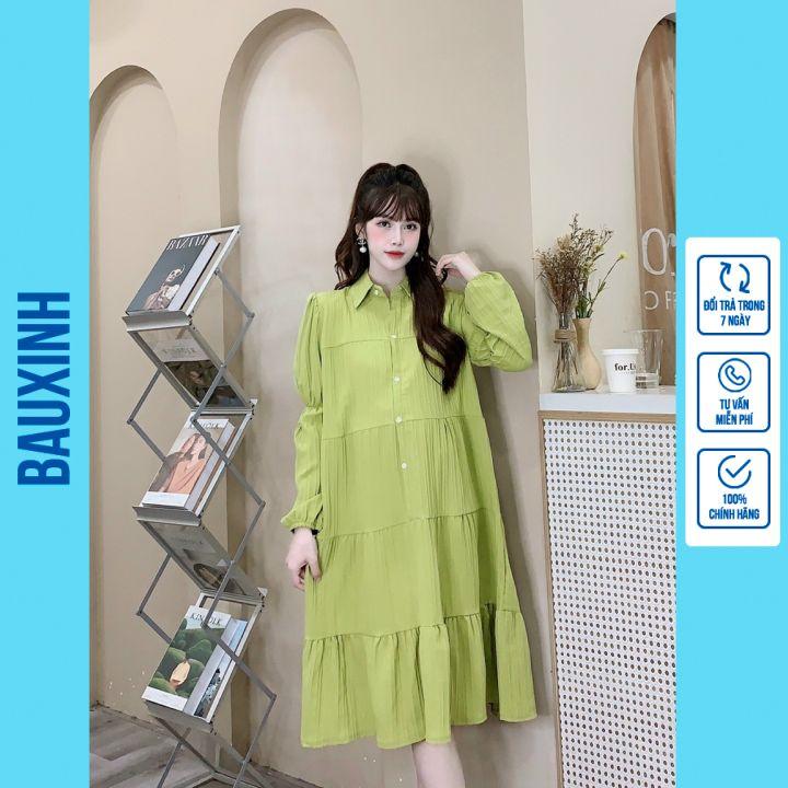Váy bầu thu đông thời trang thiết kế dự tiệc dáng dài Phom rộng chất đũi mềm mát