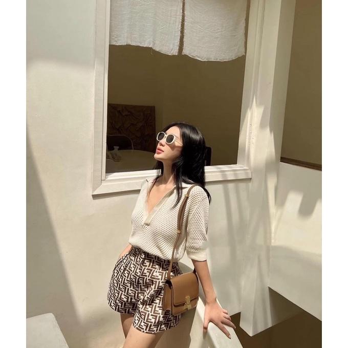 Áo polo ren đan + Quần short ống rộng monogram